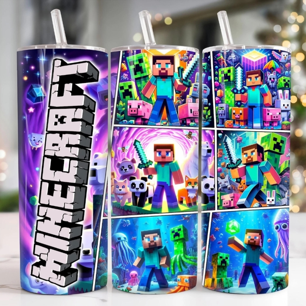 Minecraft Themed Tumbler with Straw